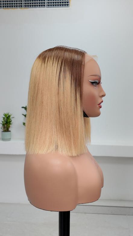 Worry Freeshop 10 inch dark root blonde 5x5 lace straight bob human hair wig side view