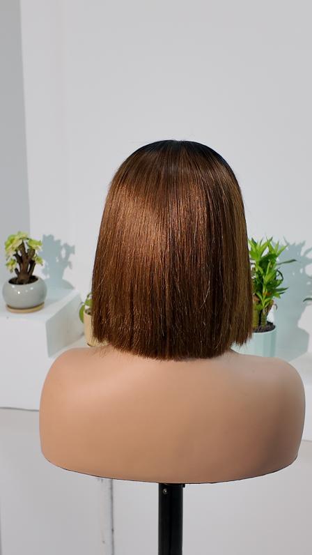 Back view of Worry Freeshop dark root brown 13x4 lace straight bob human hair wig