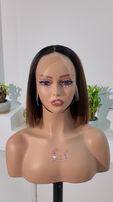 Front view of Worry Freeshop dark root brown 8 inch 13x4 lace straight bob human hair wig