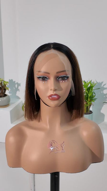 Front view of Worry Freeshop dark root brown 8 inch 13x4 lace straight bob human hair wig