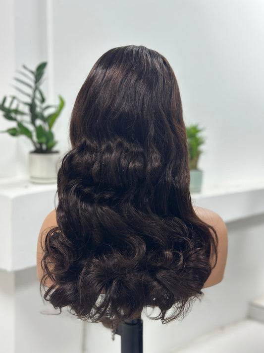 Worry Freeshop espresso brown body wave human hair wig back view
