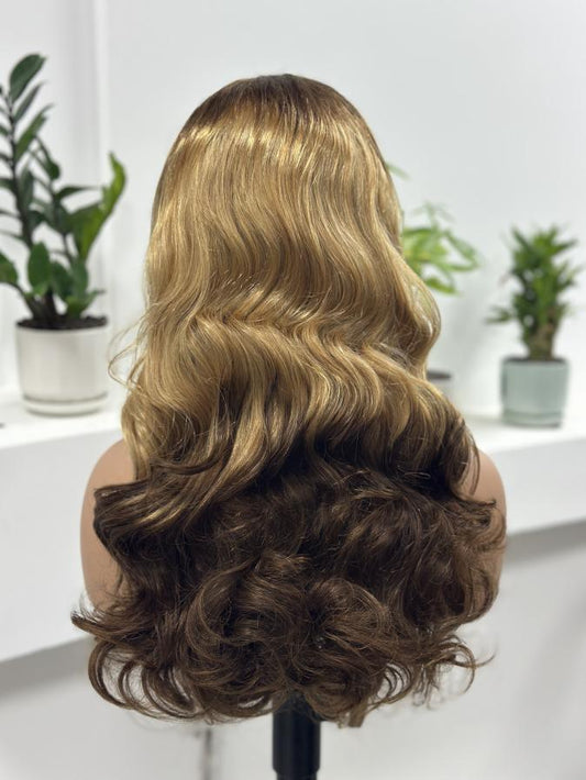 Worry Freeshop golden blonde to brown ombre body wave human hair wig back view