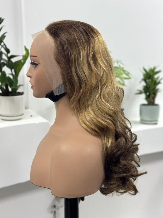 Worry Freeshop golden blonde brown ombre body wave lace front wig side view