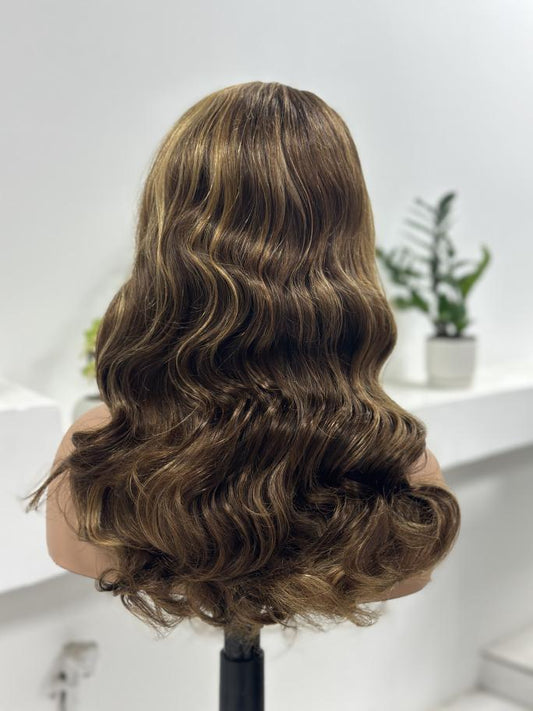 Worry Freeshop golden brown highlight body wave human hair wig back view