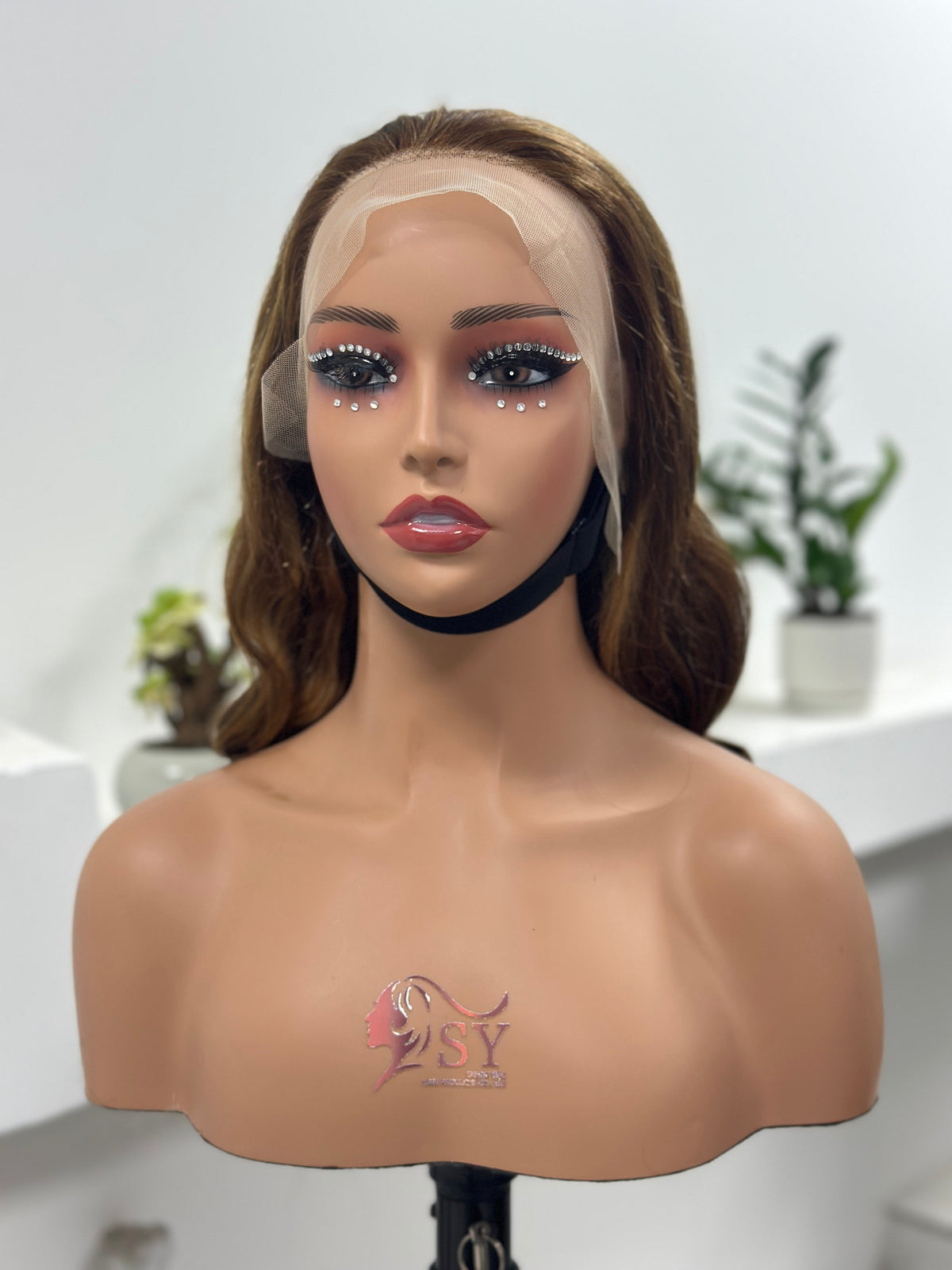 Worry Freeshop golden brown highlight body wave lace front wig front view