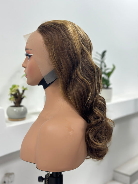 Worry Freeshop golden brown highlight body wave human hair wig side view