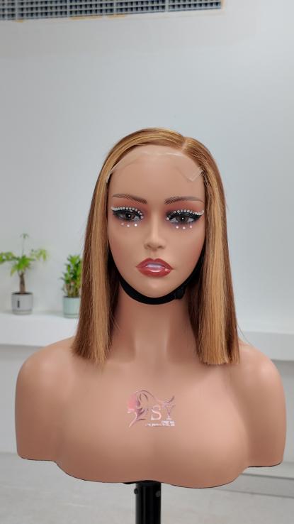 Worry Freeshop 10 inch honey blonde highlight 5x5 lace straight bob human hair wig front view