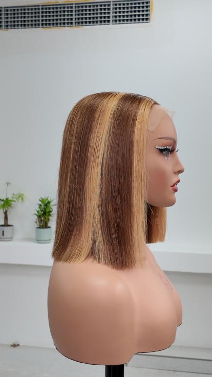 Worry Freeshop 10 inch honey blonde highlight 5x5 lace straight bob human hair wig side view