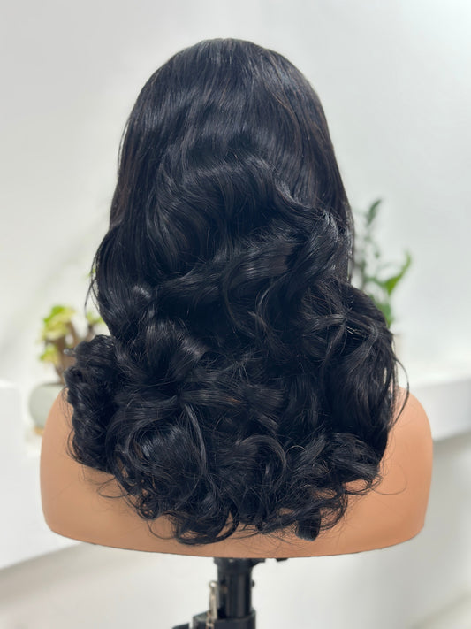 Worry Freeshop natural black loose curly 13x4 lace front human hair wig back view
