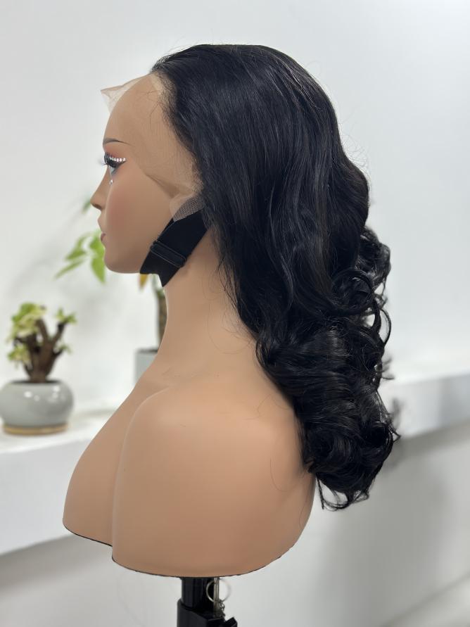 Worry Freeshop natural black loose curly lace front wig side view