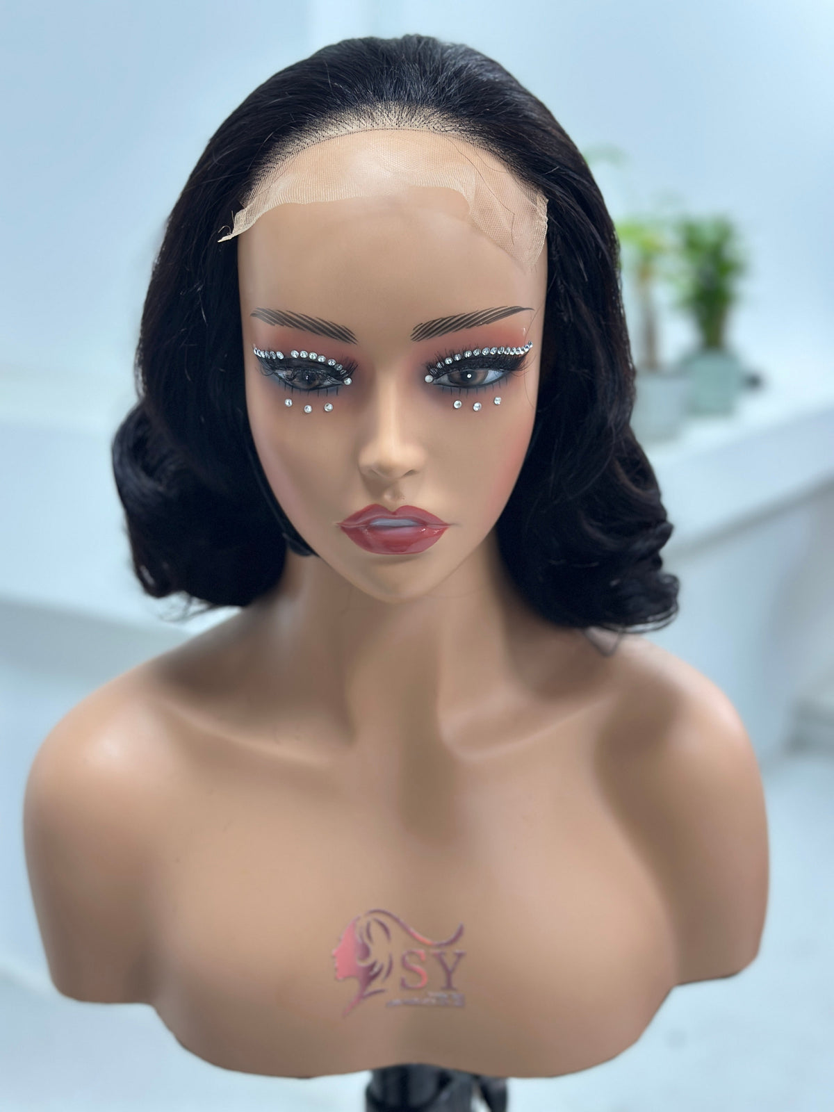 Front view of natural black retro curl human hair wig by Worry Freeshop