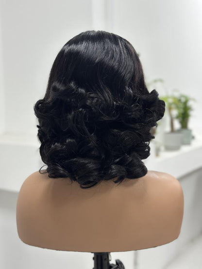 Back view of Worry Freeshop natural black vintage loose curl human hair wig