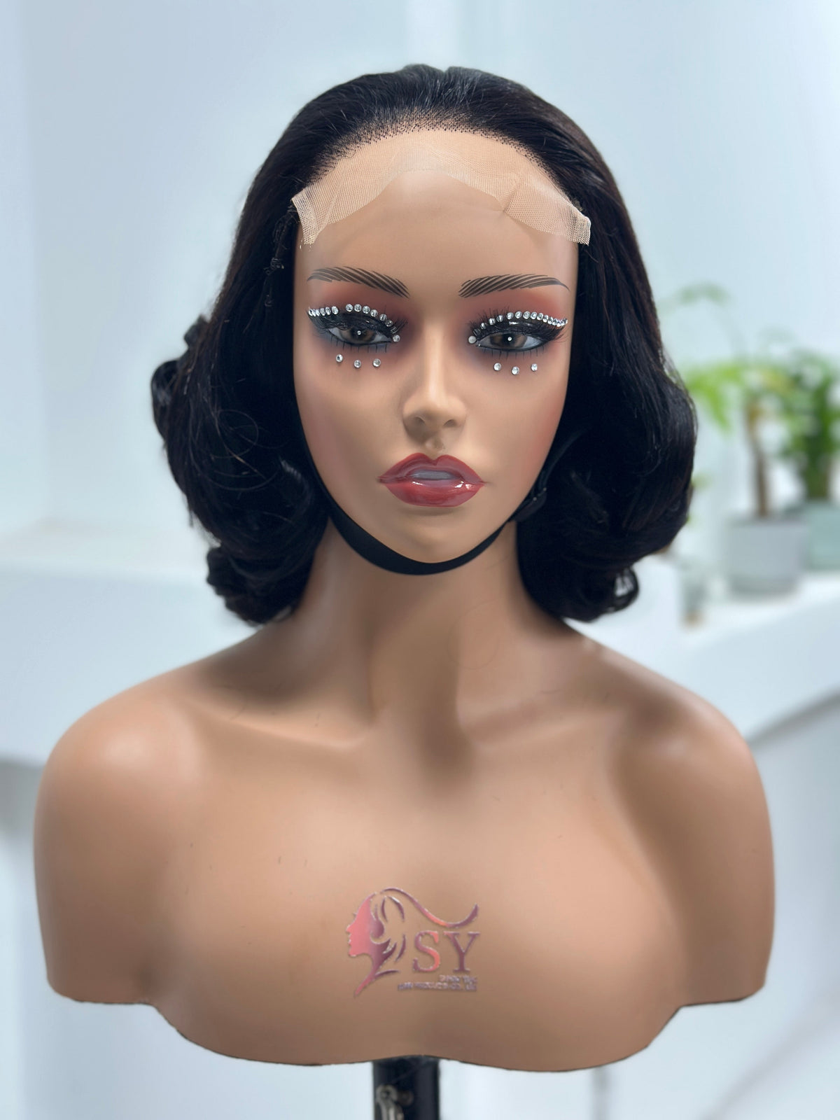 Front view of Worry Freeshop natural black loose curl human hair wig