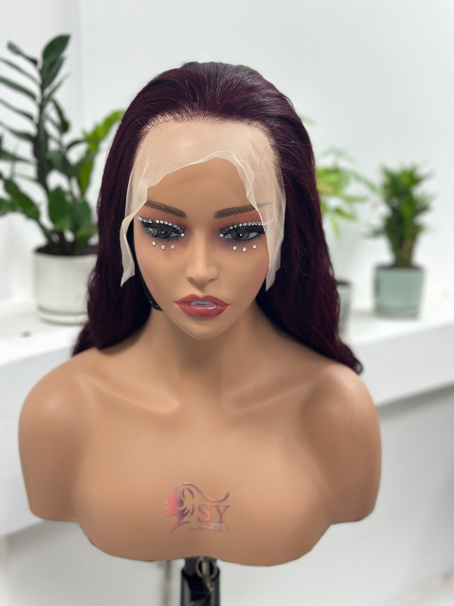 Worry Freeshop wine red loose body wave 13x4 lace front wig front view