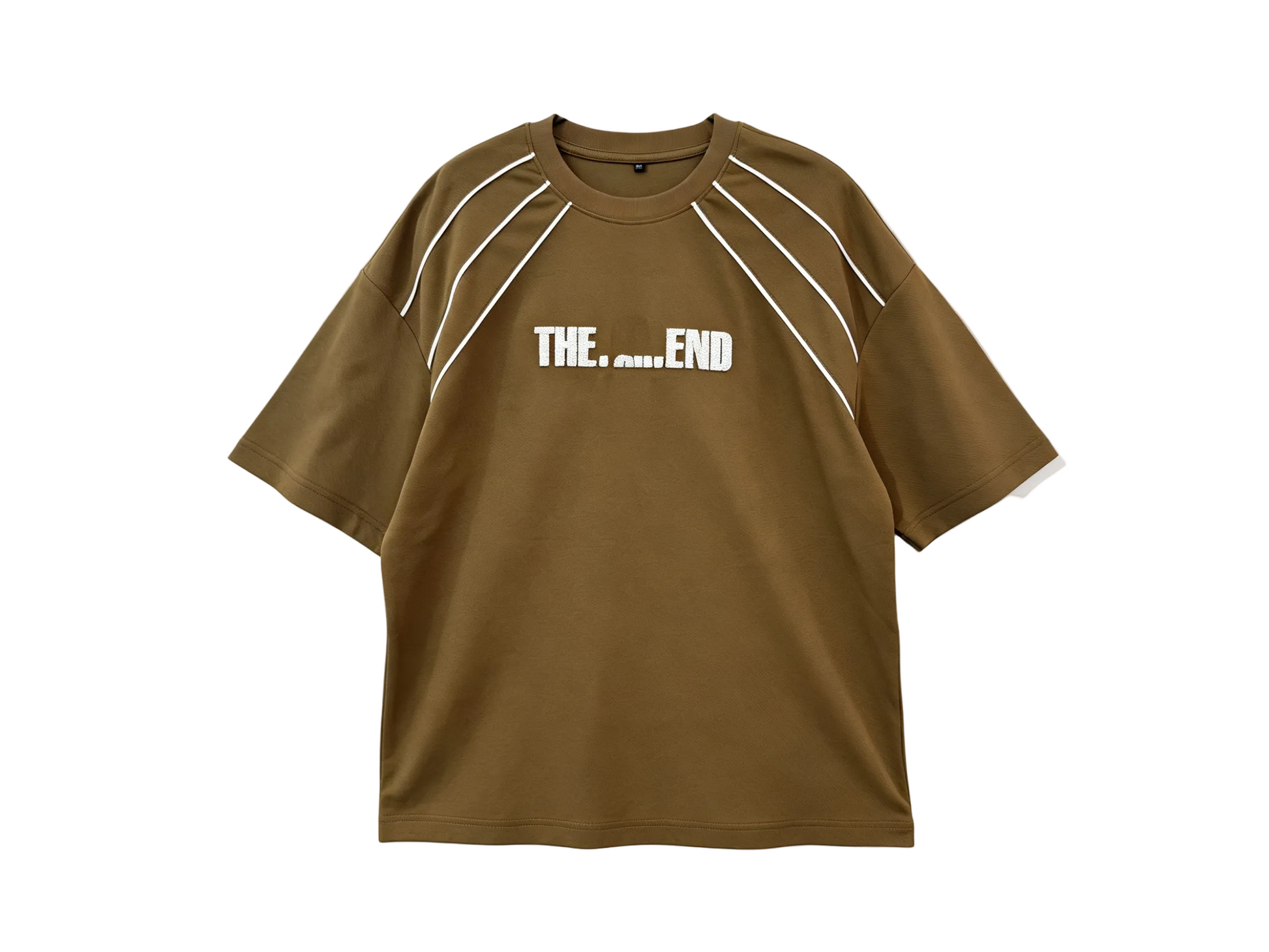Brown relaxed-fit T-shirt with white contrast piping and chest slogan graphic