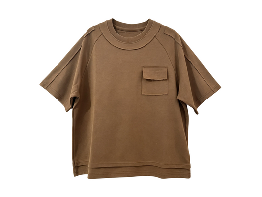 Brown double-layer collar utility pocket T-shirt for wholesale