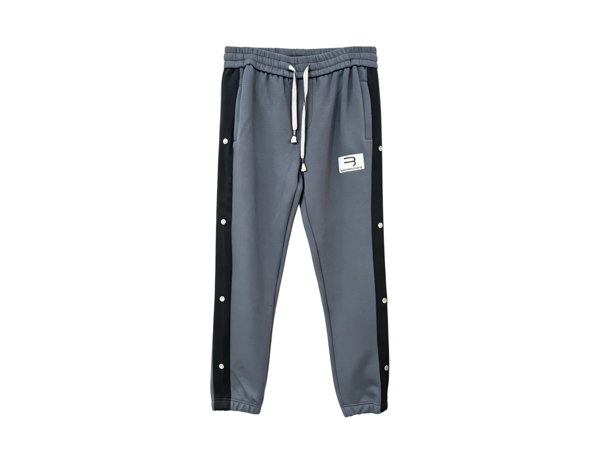 Wholesale charcoal jogger pants with black side panels and snap-button details