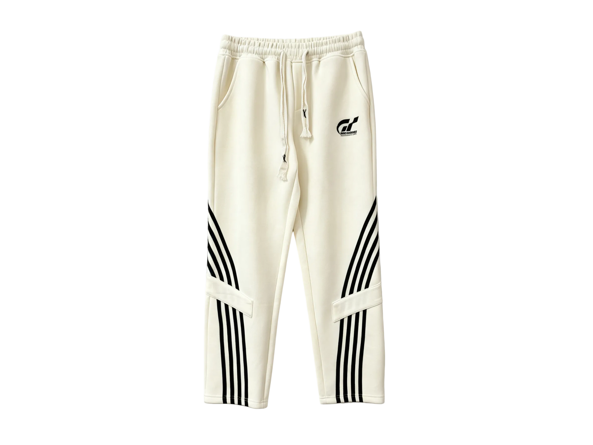 Wholesale cream straight-leg track pants with black curved stripe graphics