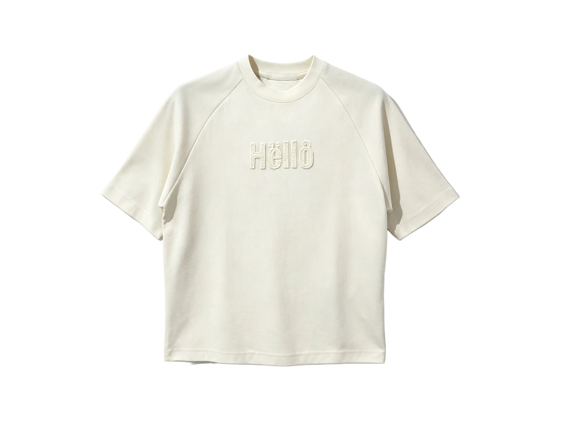 Cream raglan sleeve T-shirt with tonal Hello embroidery for wholesale