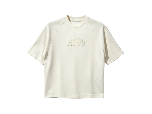 Cream raglan sleeve T-shirt with tonal Hello embroidery for wholesale