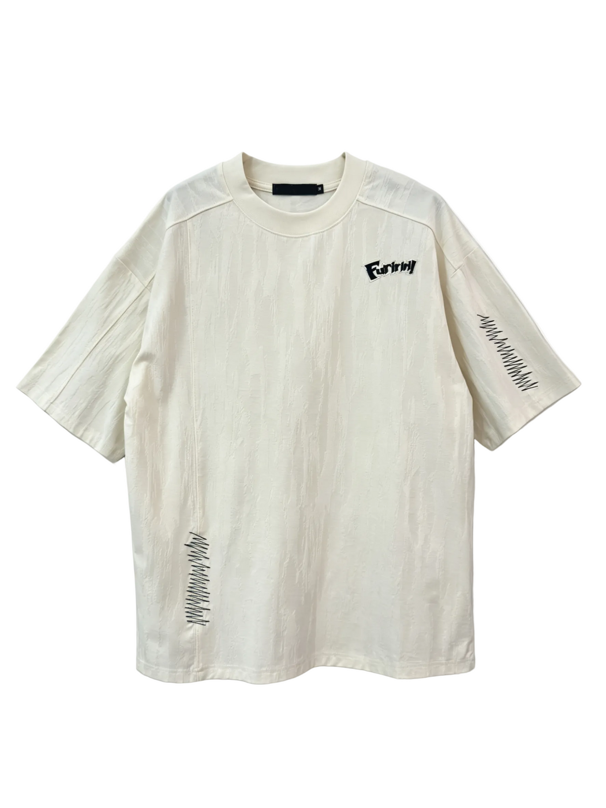 Cream textured T-shirt with small chest logo and zigzag stitch details for wholesale