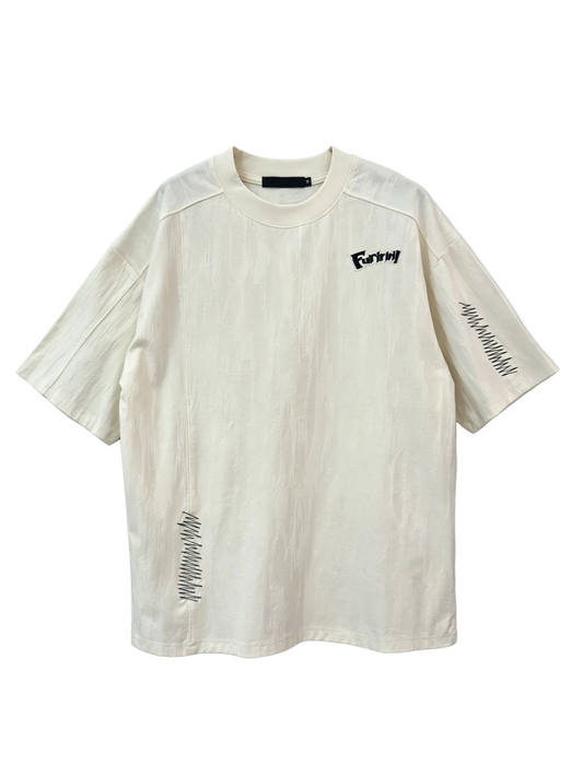 Cream textured T-shirt with small chest logo and zigzag stitch details for wholesale