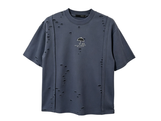 Slate blue distressed panel T-shirt with umbrella embroidery for wholesale