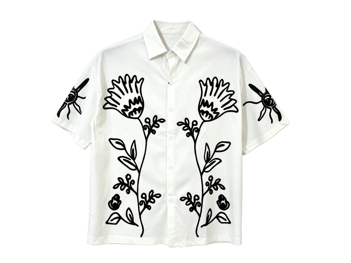 White floral line art short sleeve button-up shirt for wholesale clothing buyers