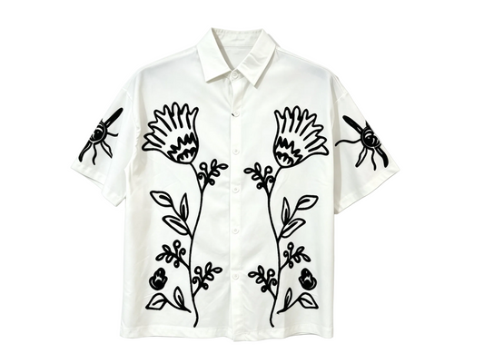 White floral line art short sleeve button-up shirt for wholesale clothing buyers