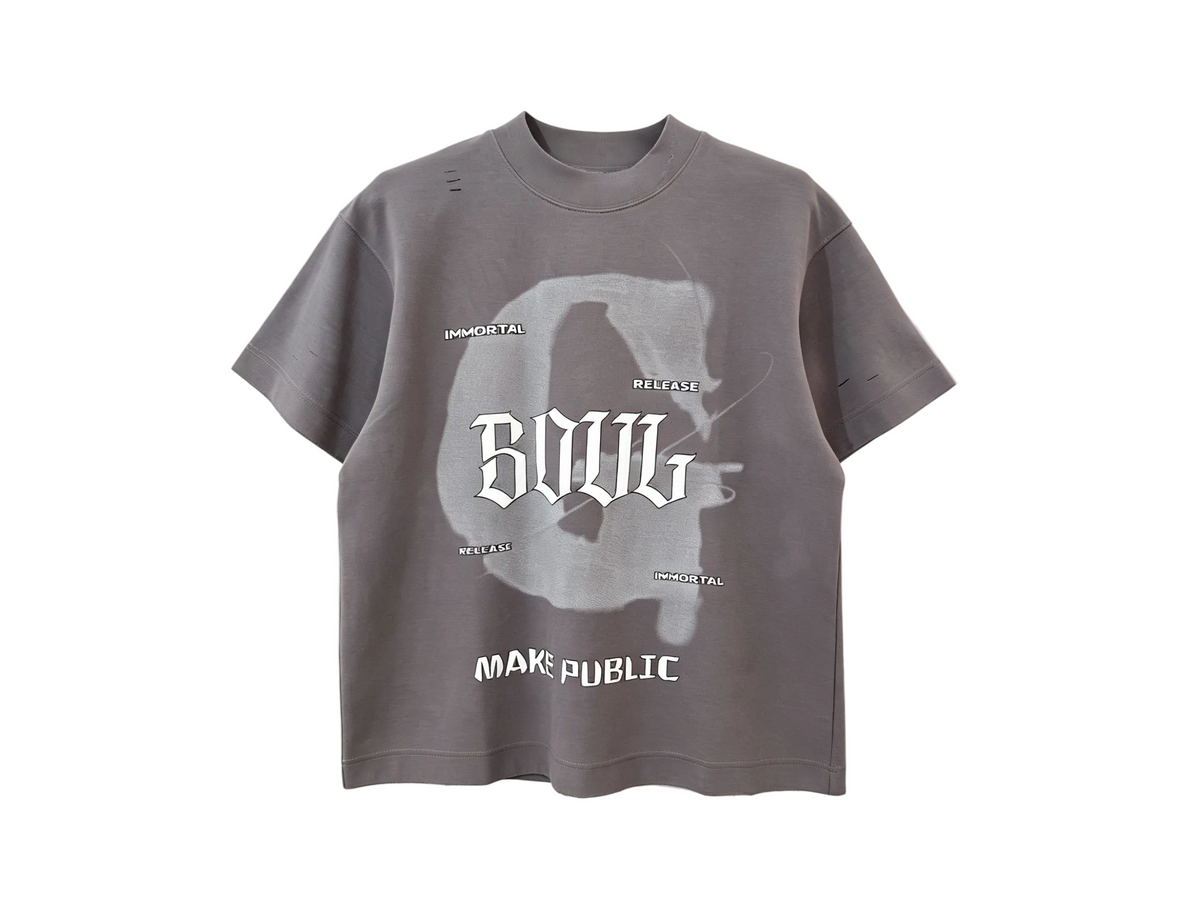 Gray distressed streetwear T-shirt with gothic lettering and abstract front graphic