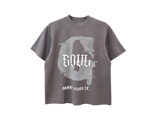Gray distressed streetwear T-shirt with gothic lettering and abstract front graphic