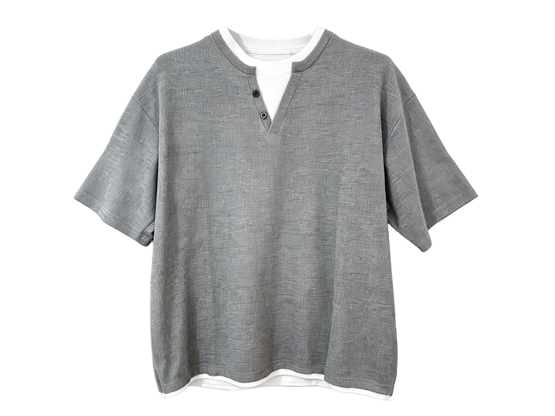 Gray layered Henley neck T-shirt with white crew-neck insert and contrast hem