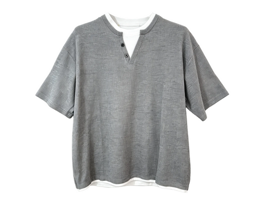 Gray layered Henley neck T-shirt with white crew-neck insert and contrast hem
