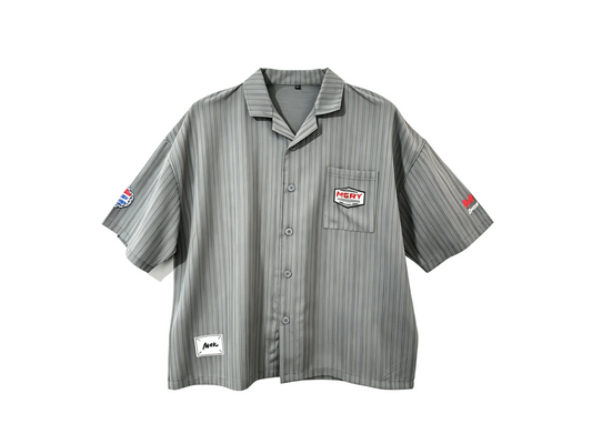Grey striped short sleeve button-up shirt with patch pocket for wholesale clothing buyers