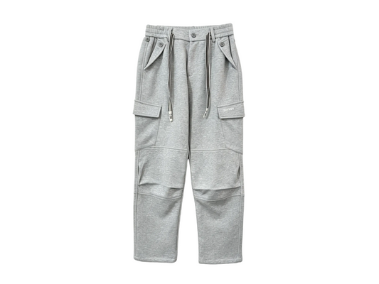 Wholesale heather grey multi-pocket utility cargo sweatpants with knee panels