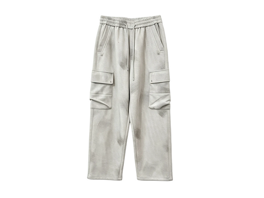 Wholesale heather grey wide-leg cargo sweatpants with oversized utility pockets