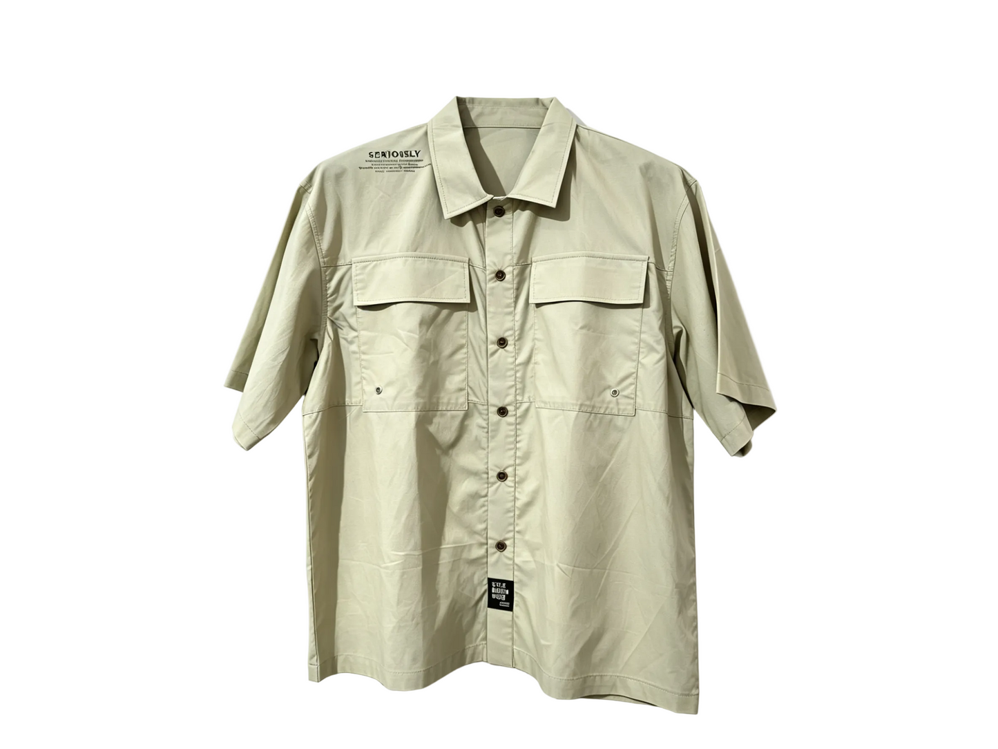 Khaki utility short sleeve button-up shirt with chest pockets for wholesale clothing buyers