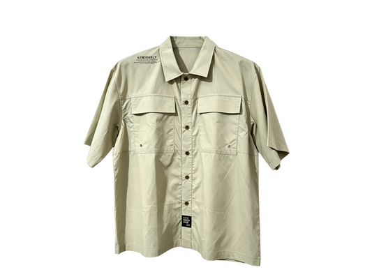Khaki utility short sleeve button-up shirt with chest pockets for wholesale clothing buyers