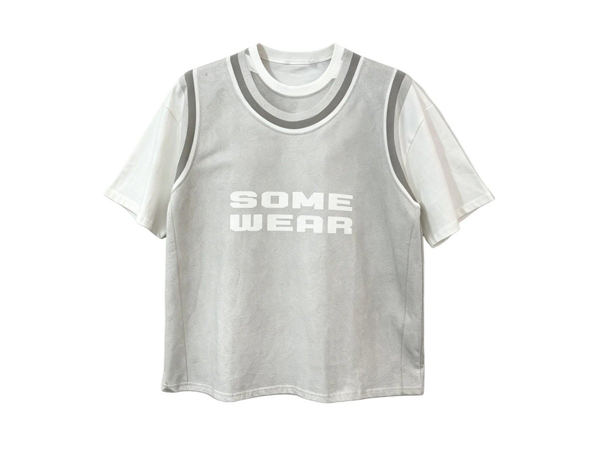 Gray and white layered basketball jersey T-shirt with letter print