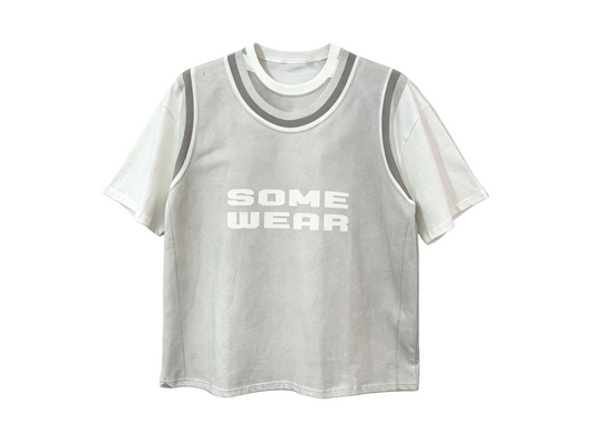 Gray and white layered basketball jersey T-shirt with letter print