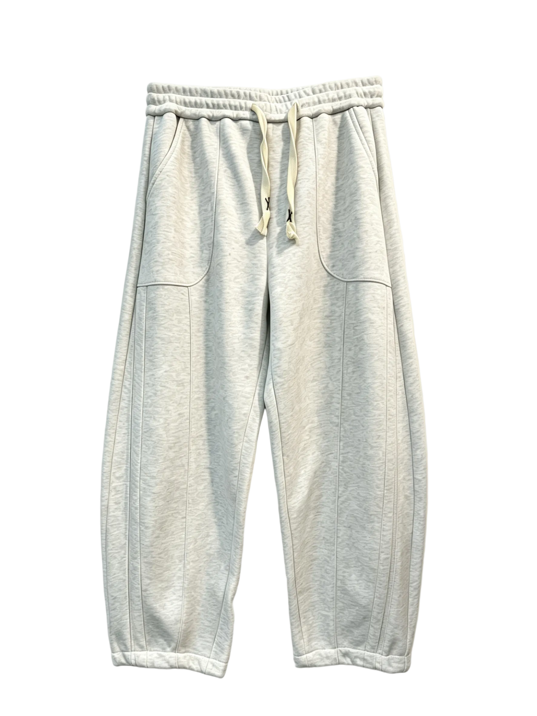 Wholesale light grey paneled wide-leg sweatpants with curved front pockets
