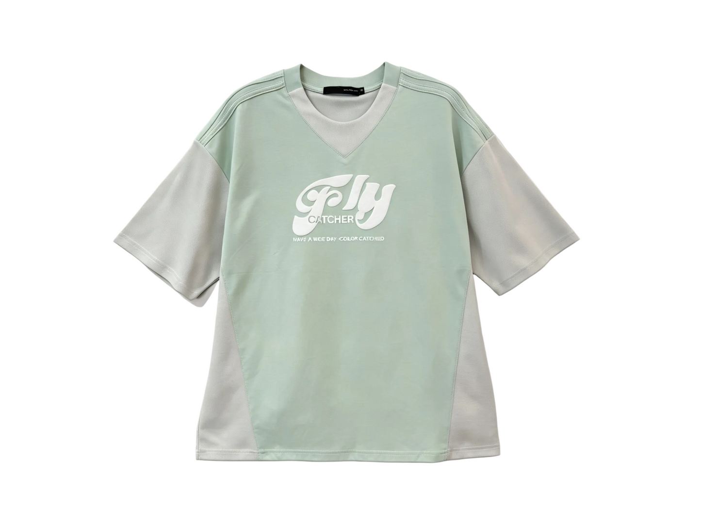 Mint green and light gray color block V-neck graphic T-shirt for wholesale