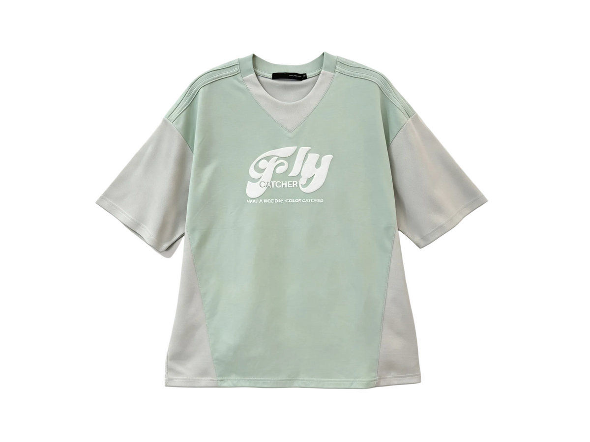 Mint green and light gray color block V-neck graphic T-shirt for wholesale