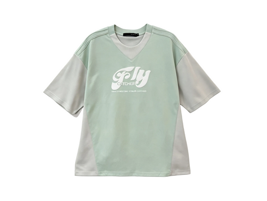 Mint green and light gray color block V-neck graphic T-shirt for wholesale