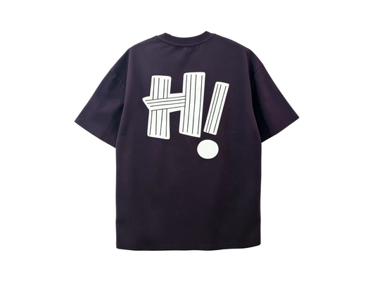 Dark navy streetwear T-shirt with oversized white HI graphic on the back