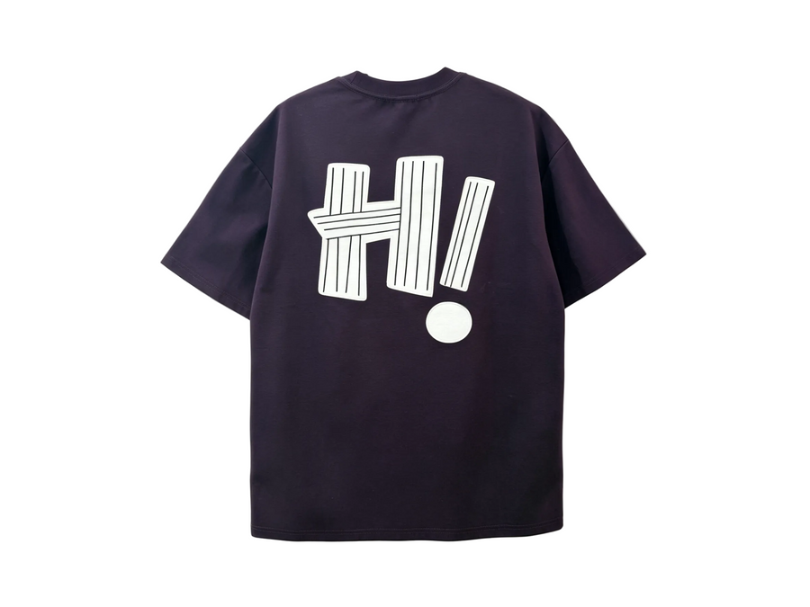 Dark navy streetwear T-shirt with oversized white HI graphic on the back