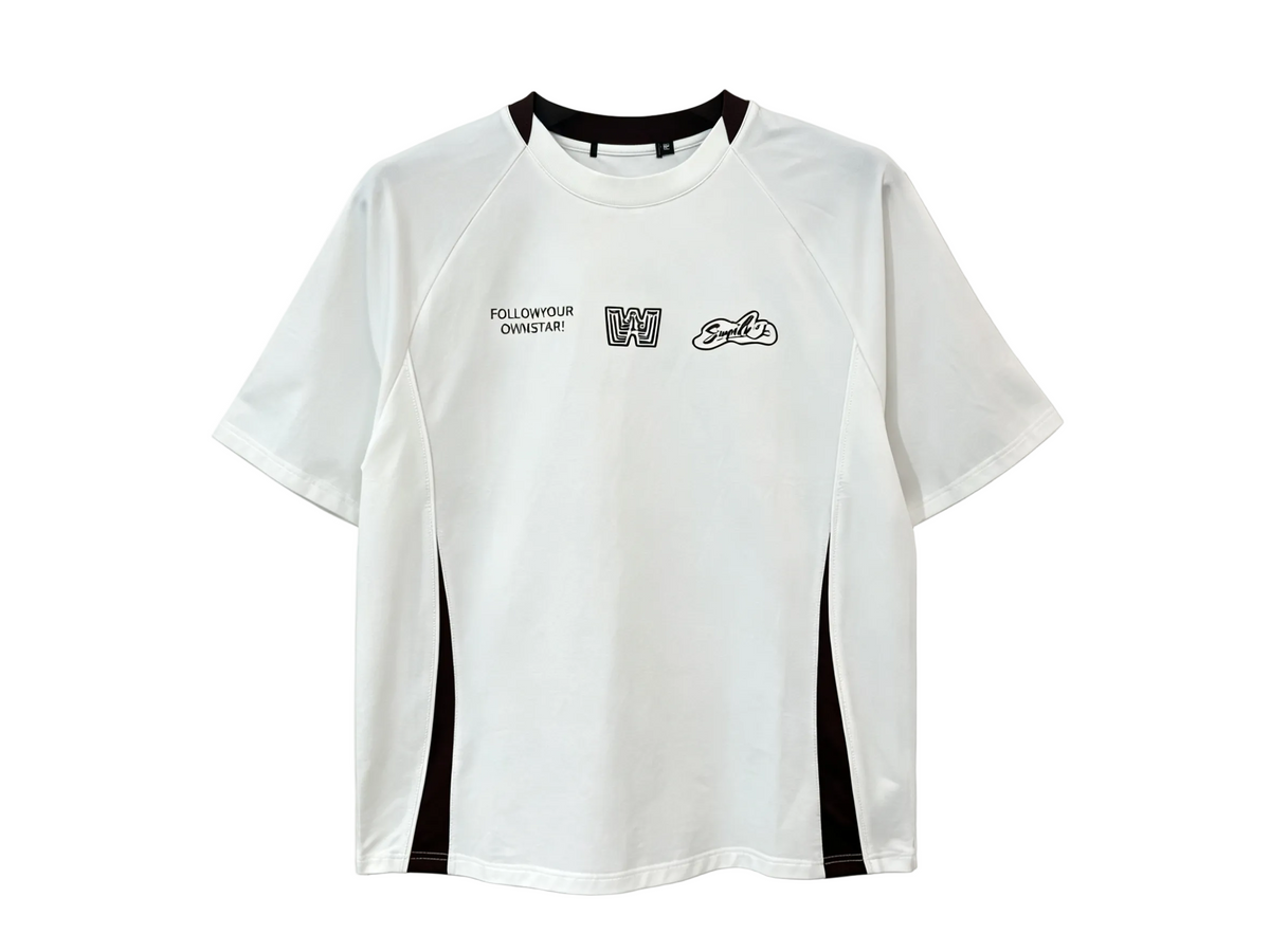 White relaxed-fit graphic T-shirt with black side panels and raglan seams