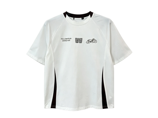 White relaxed-fit graphic T-shirt with black side panels and raglan seams