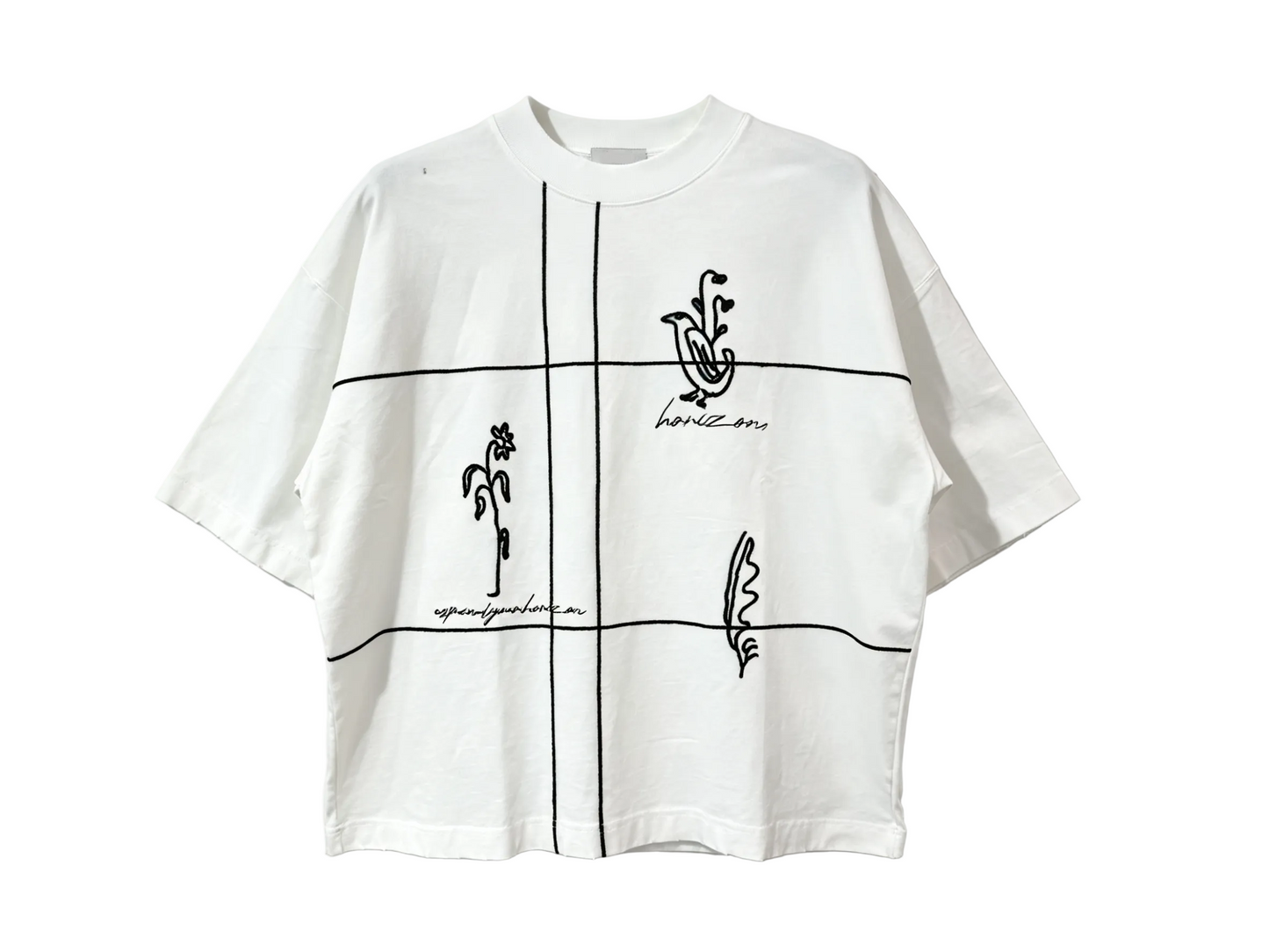White relaxed-fit T-shirt with black botanical line art and grid design