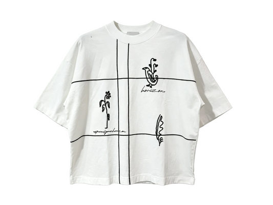 White relaxed-fit T-shirt with black botanical line art and grid design